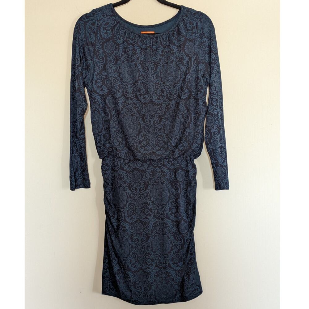 Joe Fresh Women's Size Small Long Sleeve Floral Ruched Blouson Dress Black Blue
